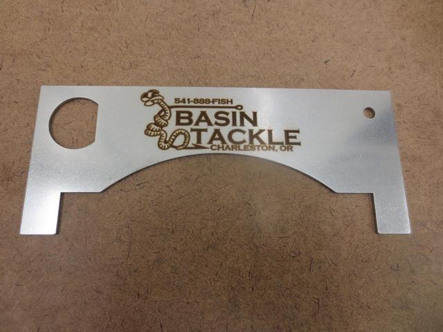 Basin Tackle laser cut and laser etched logo