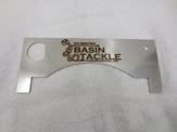An overhead view of Basin Tackle laser cut and laser etched logo